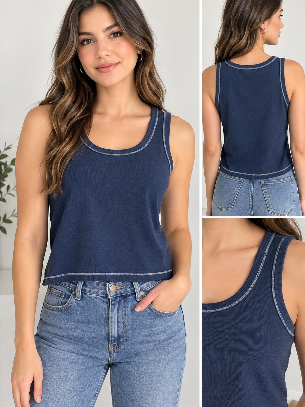 Pilcro Navy Scoop Neck Tank with Contrast Stitching
